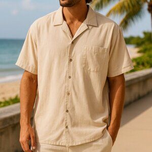 Men’s Beige Button-Down Camp Shirt 3XL Designed in Italy Lightweight Casual Top